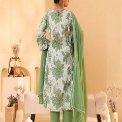 (Vaasva) Women green floral printed aline suit set (Set of 5pc)