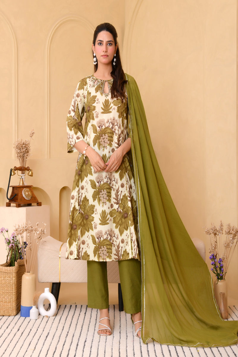 (Vaasva) Women henna floral printed aline suit set (Set of 5pc)