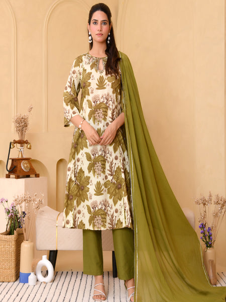(Vaasva) Women henna floral printed aline suit set (Set of 5pc)