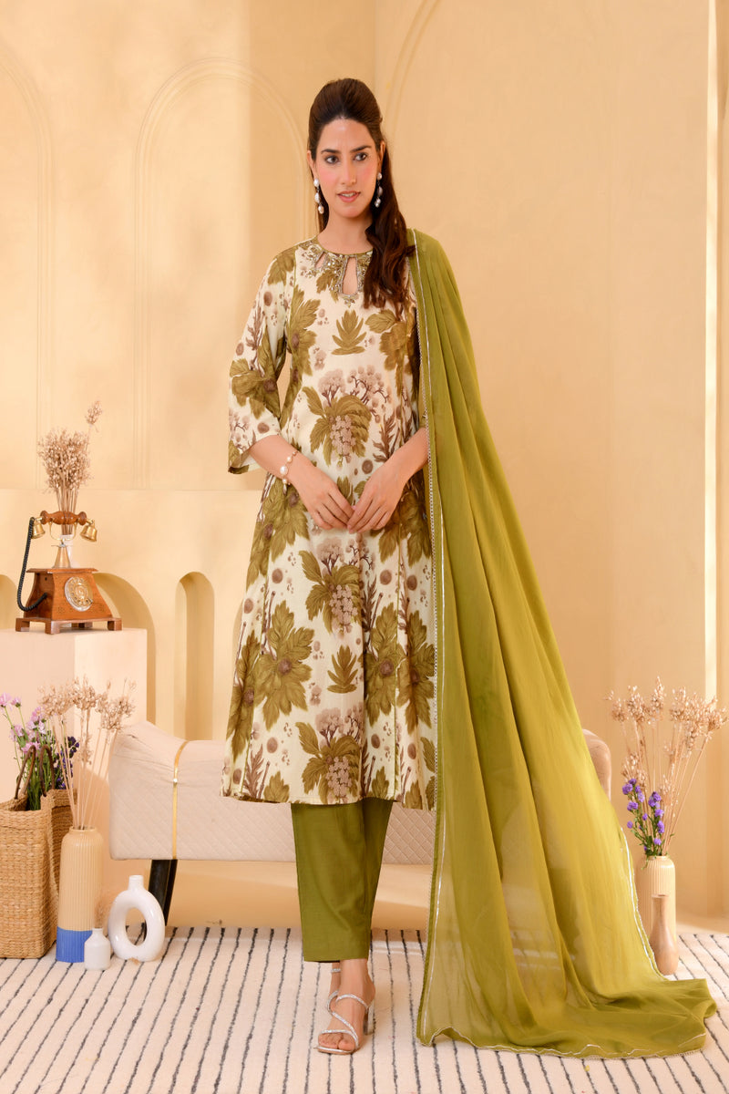 (Vaasva) Women henna floral printed aline suit set (Set of 5pc)