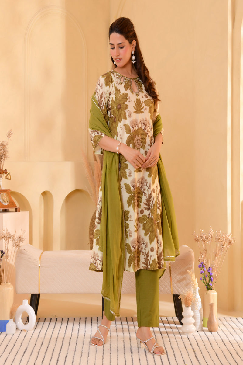 (Vaasva) Women henna floral printed aline suit set (Set of 5pc)