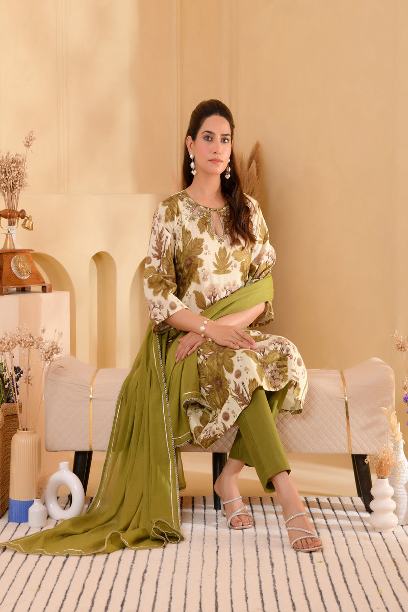 (Vaasva) Women henna floral printed aline suit set (Set of 5pc)