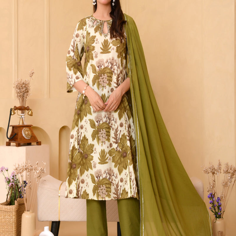 (Vaasva) Women henna floral printed aline suit set (Set of 5pc)