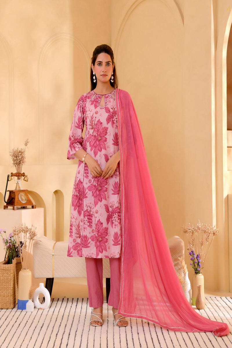 (Vaasva) Women pink floral printed aline suit set (Set of 5pc)