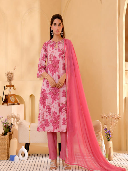 (Vaasva) Women pink floral printed aline suit set (Set of 5pc)