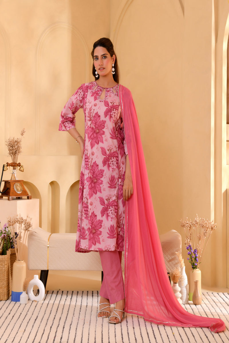 (Vaasva) Women pink floral printed aline suit set (Set of 5pc)