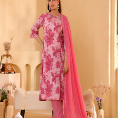 (Vaasva) Women pink floral printed aline suit set (Set of 5pc)