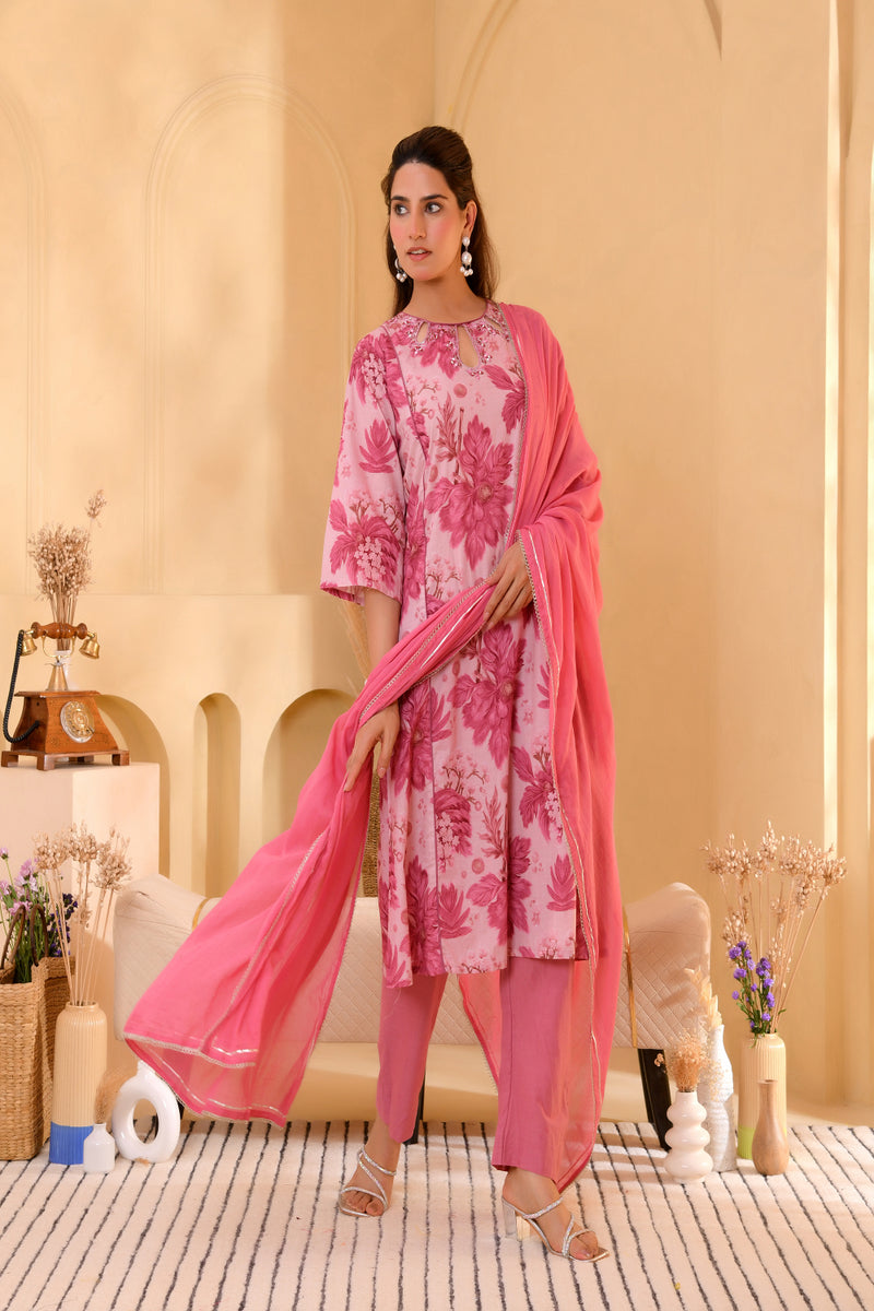 (Vaasva) Women pink floral printed aline suit set (Set of 5pc)