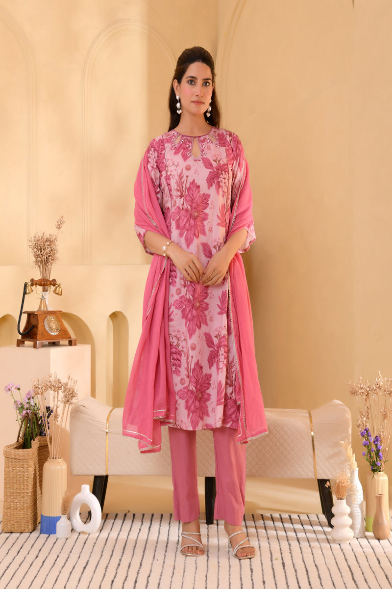 (Vaasva) Women pink floral printed aline suit set (Set of 5pc)