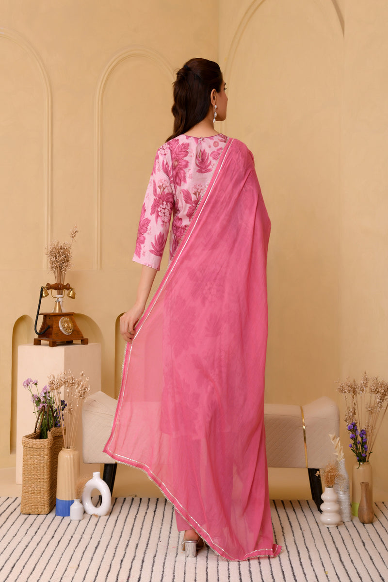 (Vaasva) Women pink floral printed aline suit set (Set of 5pc)