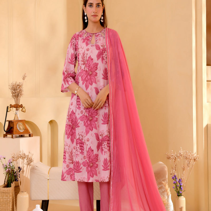 (Vaasva) Women pink floral printed aline suit set (Set of 5pc)