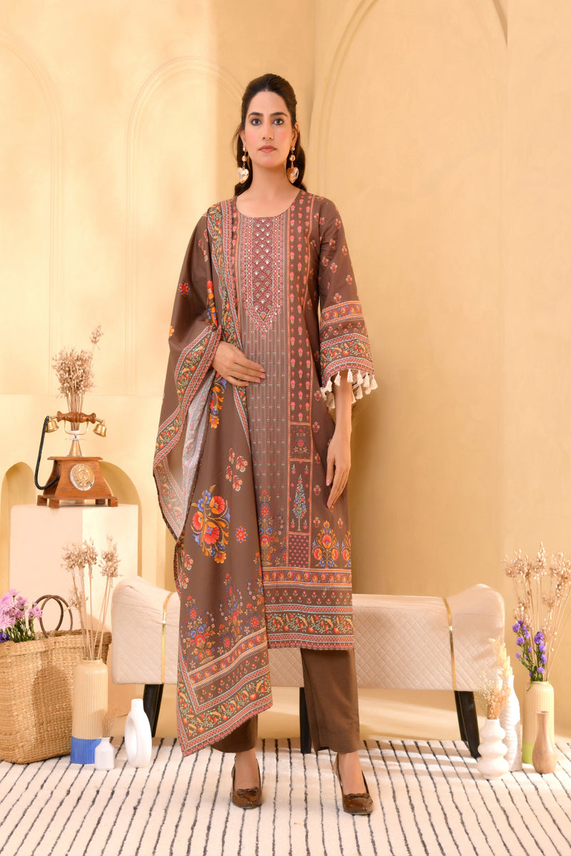 (Vaasva) Women brown floral mirror work suit set (Set of 5pc)