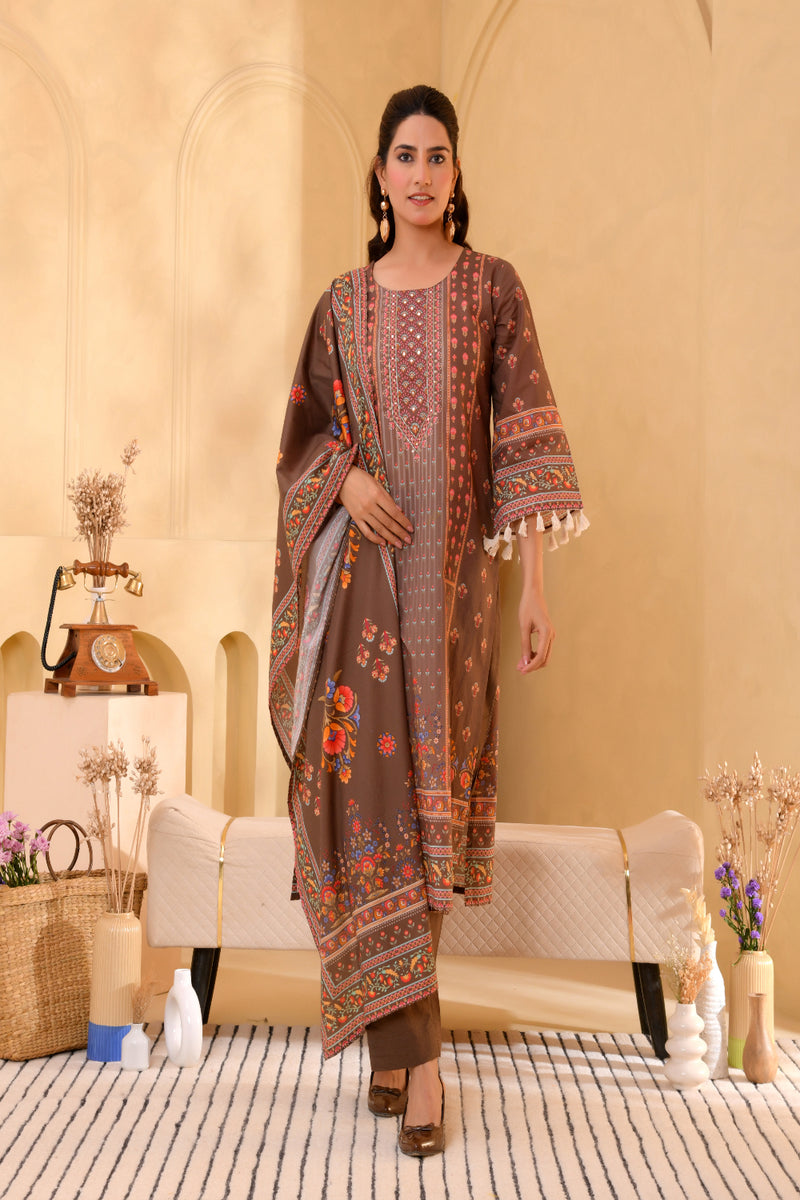 (Vaasva) Women brown floral mirror work suit set (Set of 5pc)