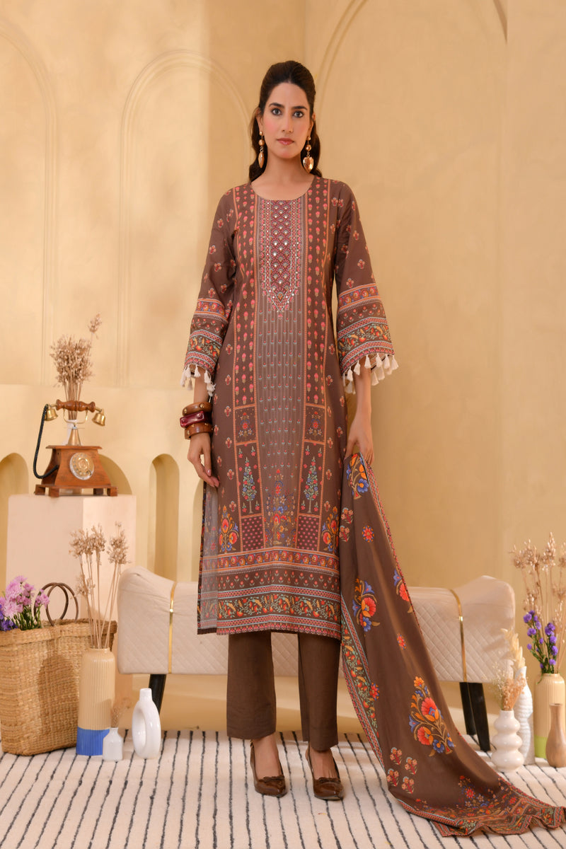 (Vaasva) Women brown floral mirror work suit set (Set of 5pc)