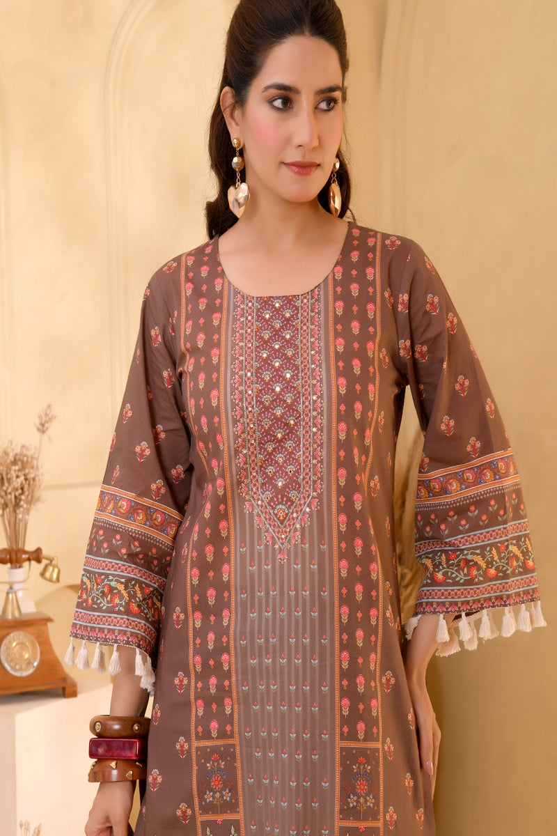 (Vaasva) Women brown floral mirror work suit set (Set of 5pc)