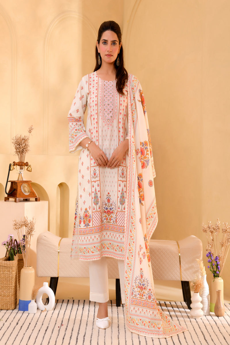 (Vaasva) Women cream floral mirror work suit set (Set of 5pc)
