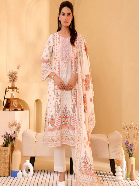 (Vaasva) Women cream floral mirror work suit set (Set of 5pc)