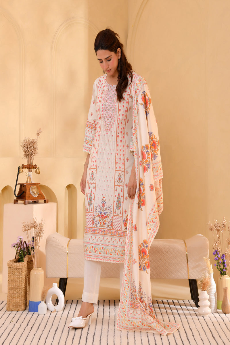 (Vaasva) Women cream floral mirror work suit set (Set of 5pc)