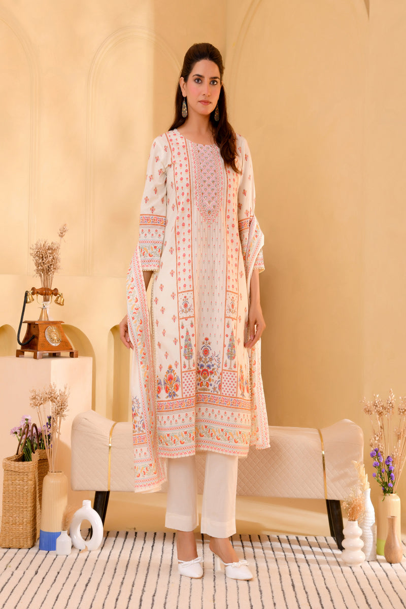 (Vaasva) Women cream floral mirror work suit set (Set of 5pc)