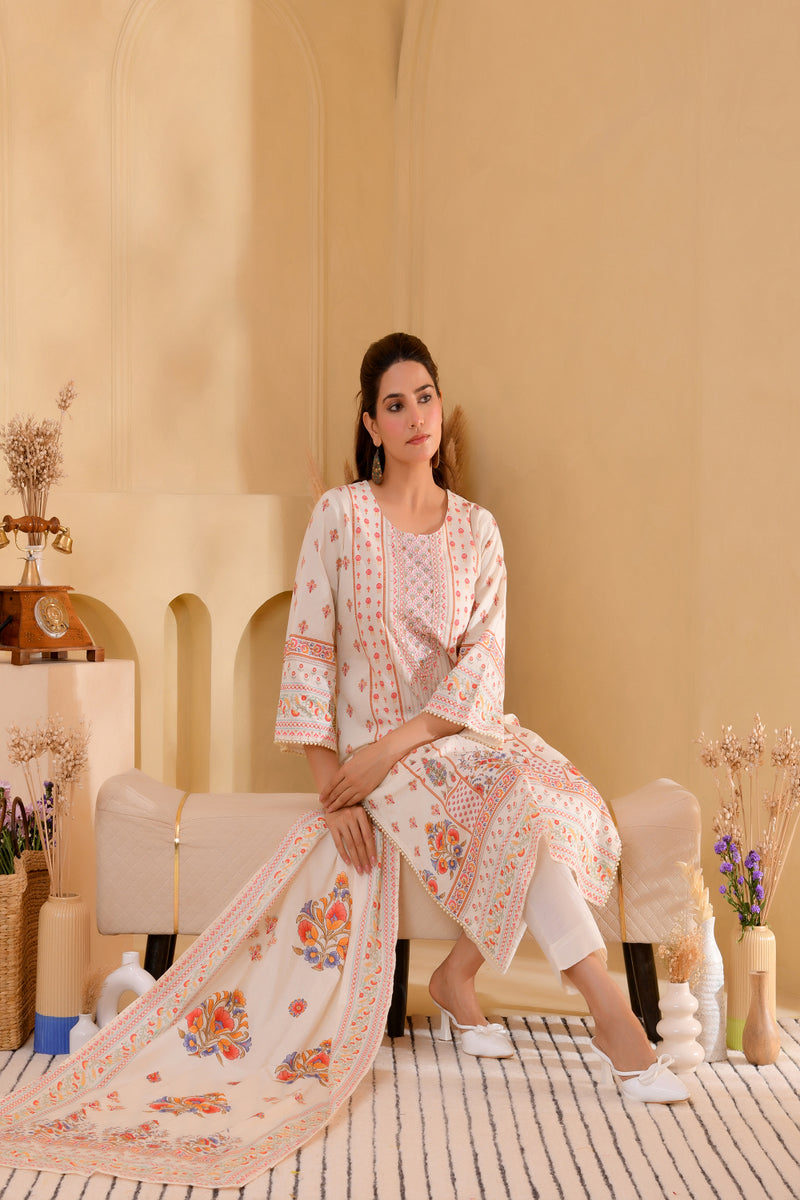 (Vaasva) Women cream floral mirror work suit set (Set of 5pc)