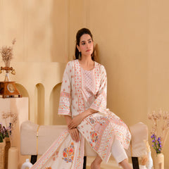 (Vaasva) Women cream floral mirror work suit set (Set of 5pc)