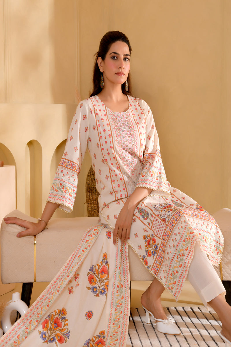(Vaasva) Women cream floral mirror work suit set (Set of 5pc)