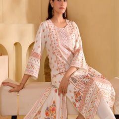 (Vaasva) Women cream floral mirror work suit set (Set of 5pc)