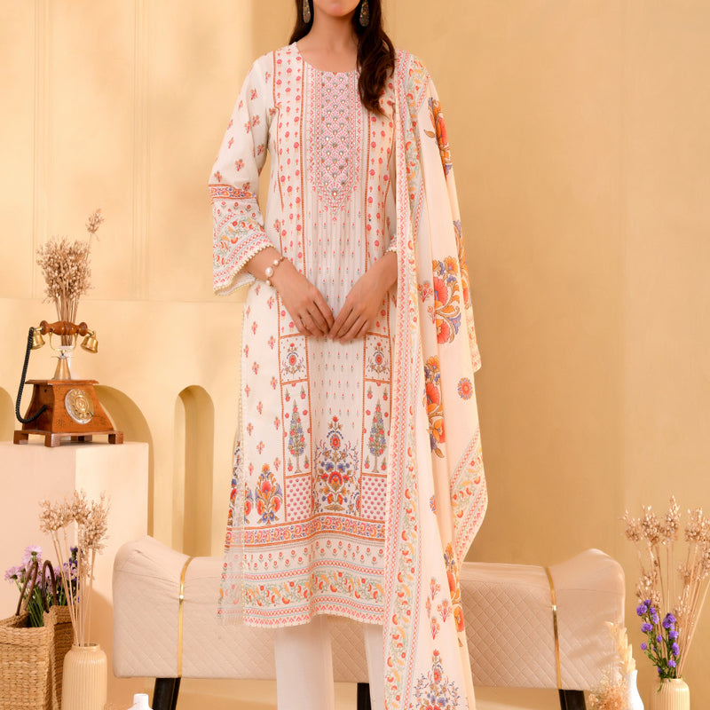 (Vaasva) Women cream floral mirror work suit set (Set of 5pc)