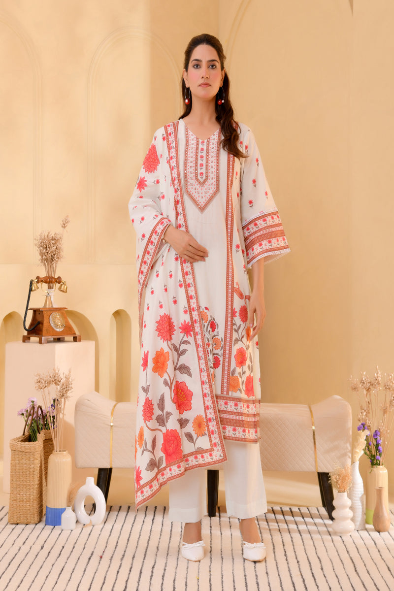 (Vaasva) Women red floral cream base printed suit set (Set of 5pc)