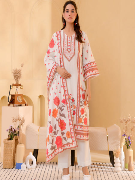 (Vaasva) Women red floral cream base printed suit set (Set of 5pc)