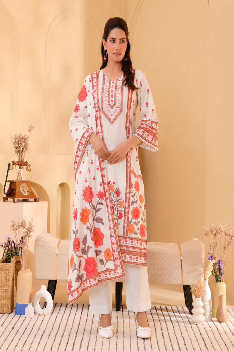 (Vaasva) Women red floral cream base printed suit set (Set of 5pc)