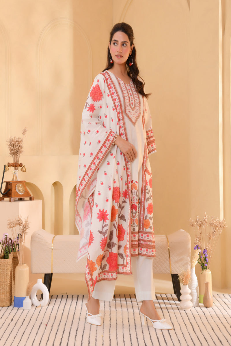 (Vaasva) Women red floral cream base printed suit set (Set of 5pc)