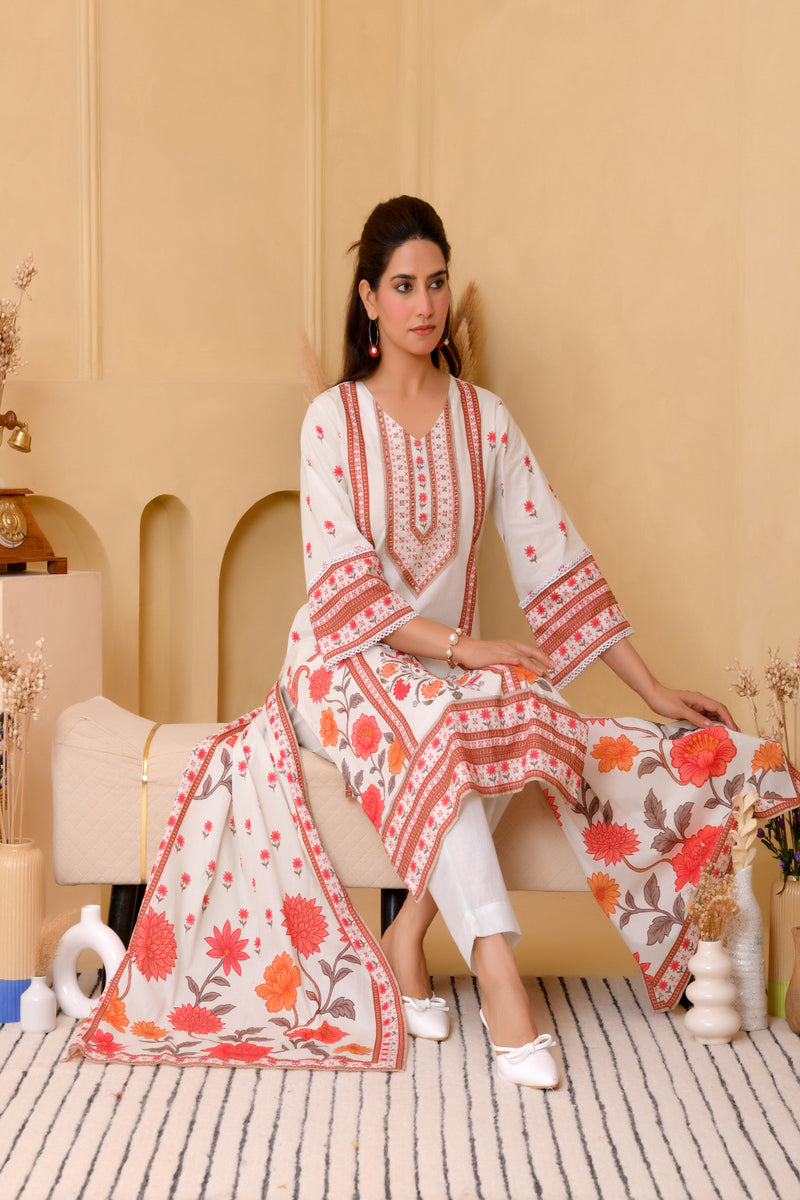 (Vaasva) Women red floral cream base printed suit set (Set of 5pc)