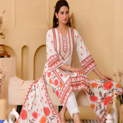 (Vaasva) Women red floral cream base printed suit set (Set of 5pc)