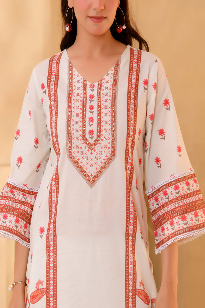 (Vaasva) Women red floral cream base printed suit set (Set of 5pc)