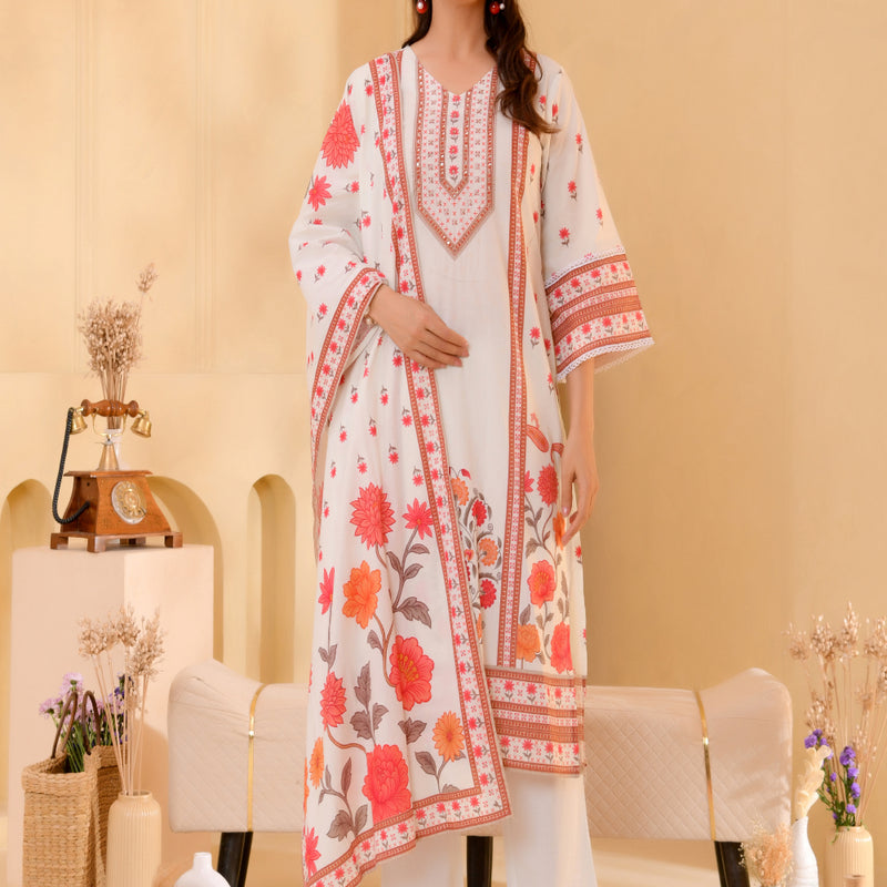 (Vaasva) Women red floral cream base printed suit set (Set of 5pc)