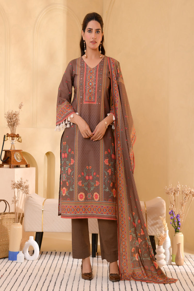(Vaasva) Women brown bold floral hand embroidered suit set (Set of 5pc)
