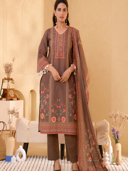 (Vaasva) Women brown bold floral hand embroidered suit set (Set of 5pc)