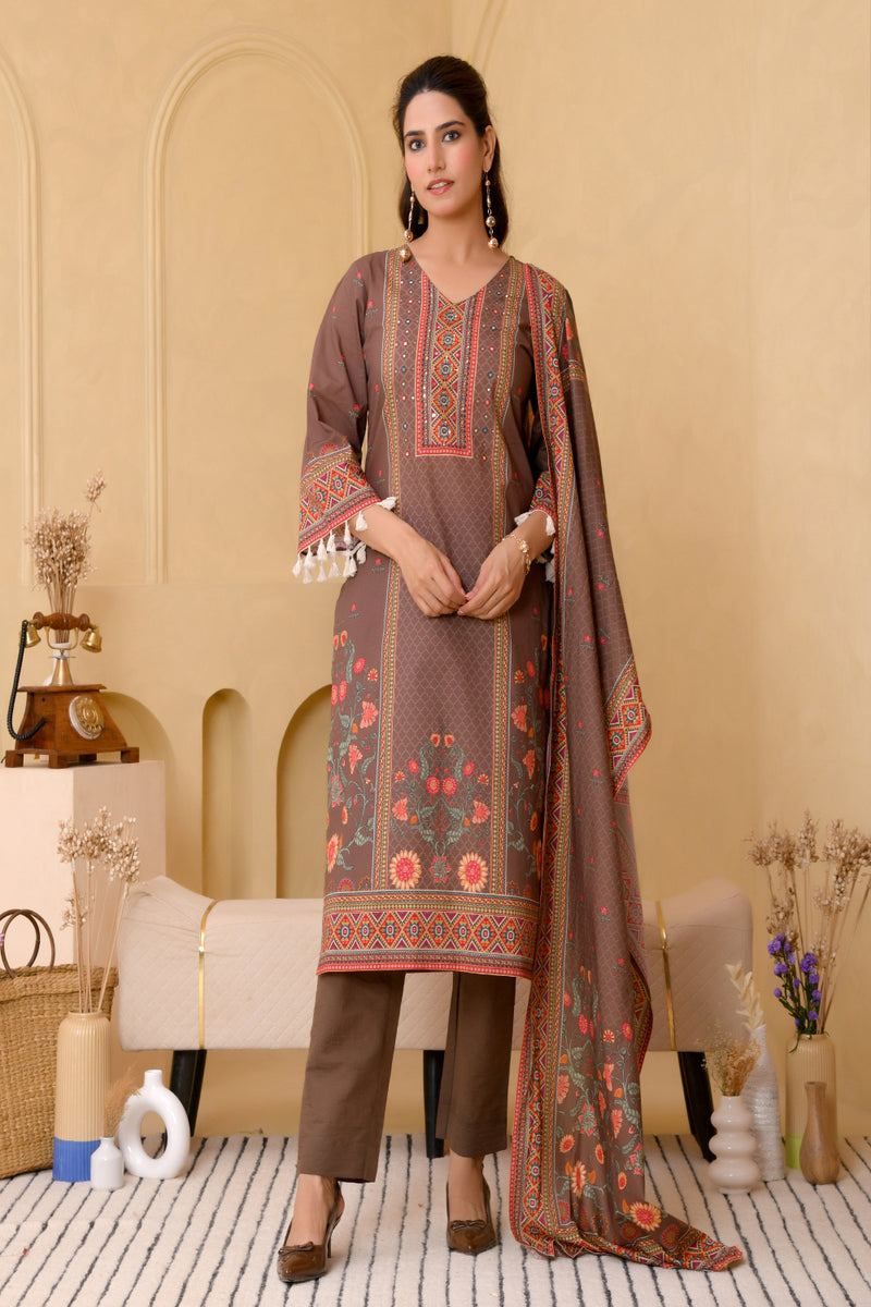 (Vaasva) Women brown bold floral hand embroidered suit set (Set of 5pc)