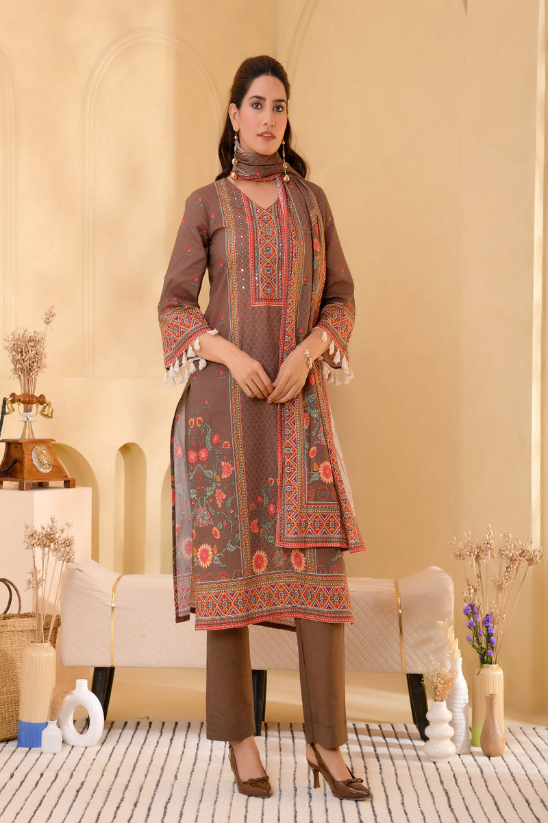 (Vaasva) Women brown bold floral hand embroidered suit set (Set of 5pc)