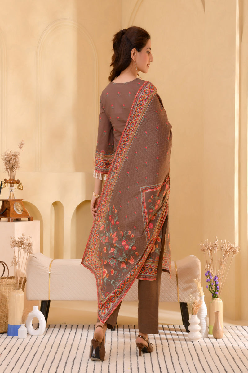 (Vaasva) Women brown bold floral hand embroidered suit set (Set of 5pc)