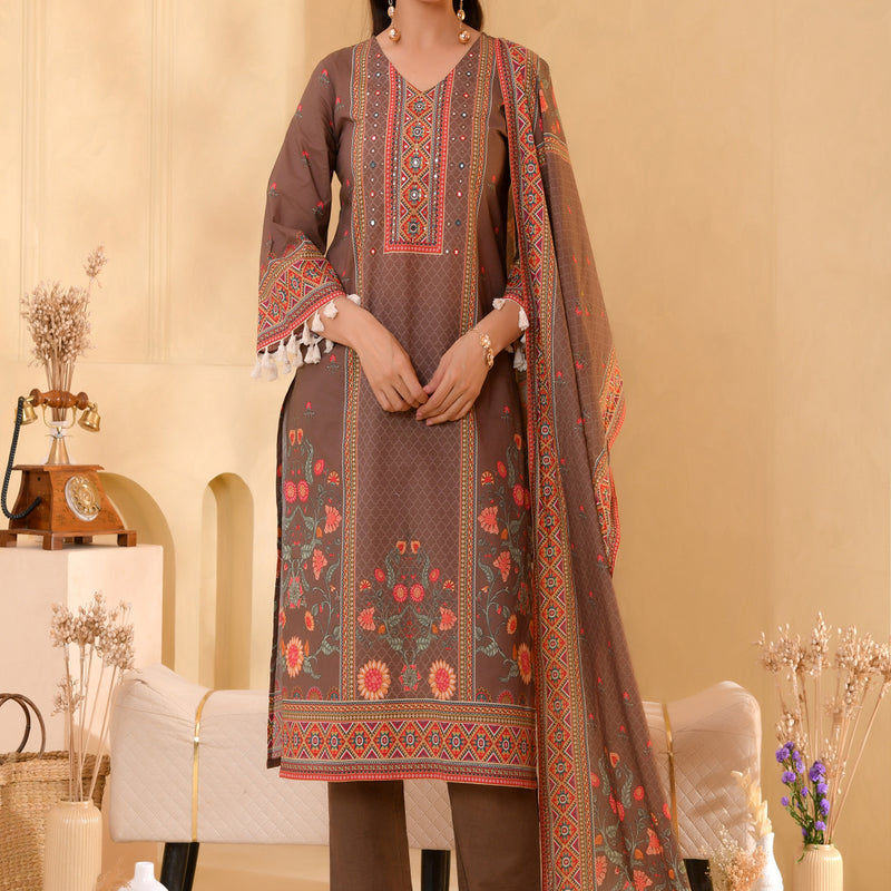 (Vaasva) Women brown bold floral hand embroidered suit set (Set of 5pc)