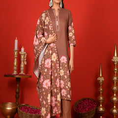 (Vaasva) Women Earthy brown lotus printed suit set (Set of 5pc)