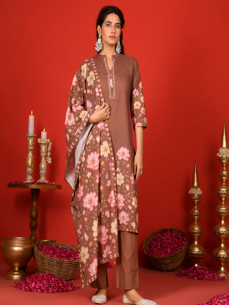 (Vaasva) Women Earthy brown lotus printed suit set (Set of 5pc)