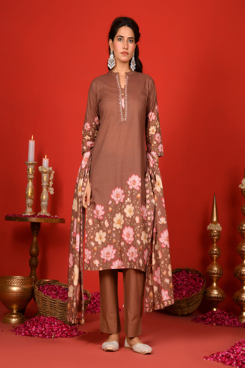 (Vaasva) Women Earthy brown lotus printed suit set (Set of 5pc)