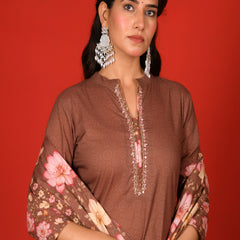 (Vaasva) Women Earthy brown lotus printed suit set (Set of 5pc)
