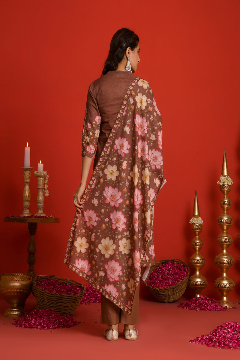 (Vaasva) Women Earthy brown lotus printed suit set (Set of 5pc)