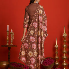 (Vaasva) Women Earthy brown lotus printed suit set (Set of 5pc)