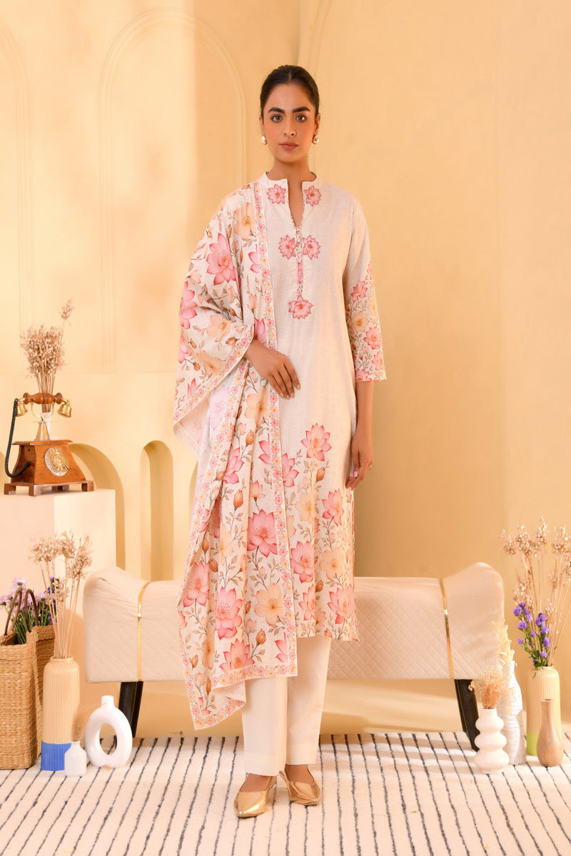 (Vaasva) Women craem patch work lotus printed suit set (Set of 5pc)