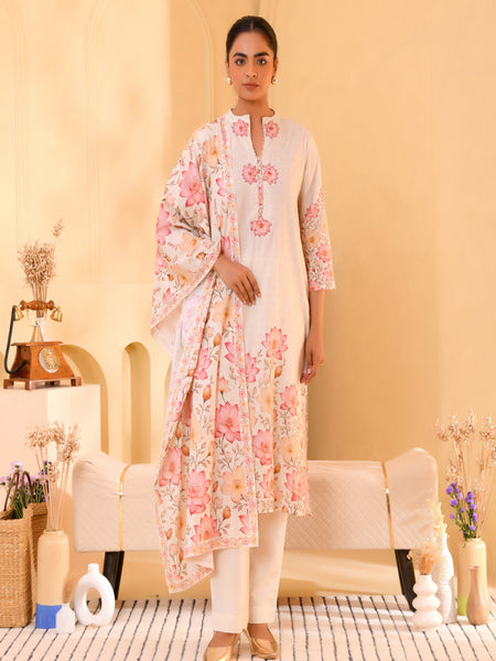 (Vaasva) Women craem patch work lotus printed suit set (Set of 5pc)